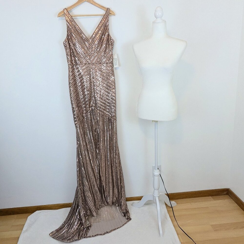 NWT rene ruiz collection 7109 champagne sequin full length ball gown